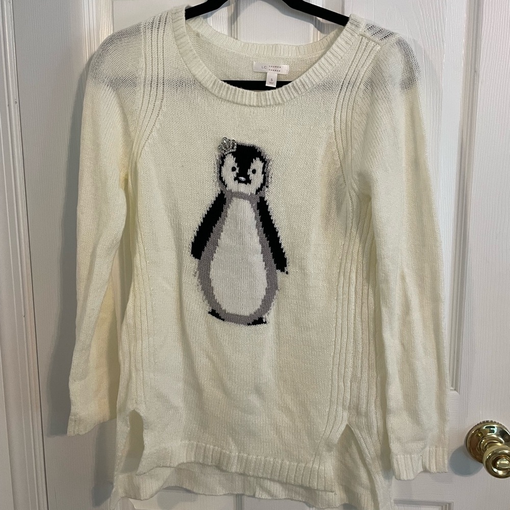 LC Lauren Conrad Cream Crew Neck Penguin Sweater